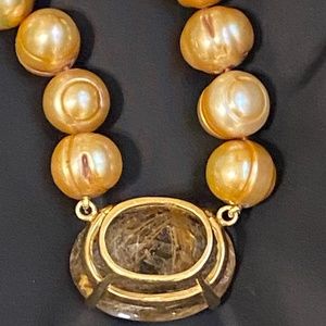 Rutilated quartz with baroque Carmel pearls 14k gold Choker style